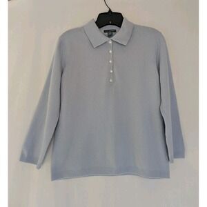 Griffen Sweater Woman's Sz L  Cashmere Knit Polo Pullover Light Blue 3/4 Sleeve